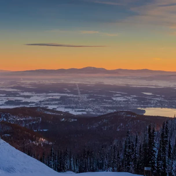 You see the sunrise at the top of Whitefish Resort in Whitefish Montana.